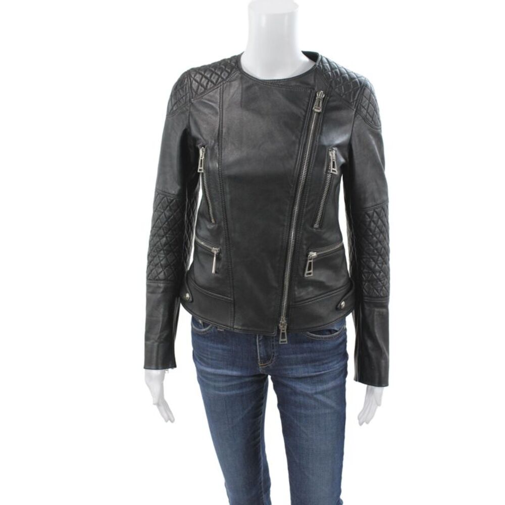 Belstaff Womens Biker Leather Jacket Black Zip Long Sleeve Size 38